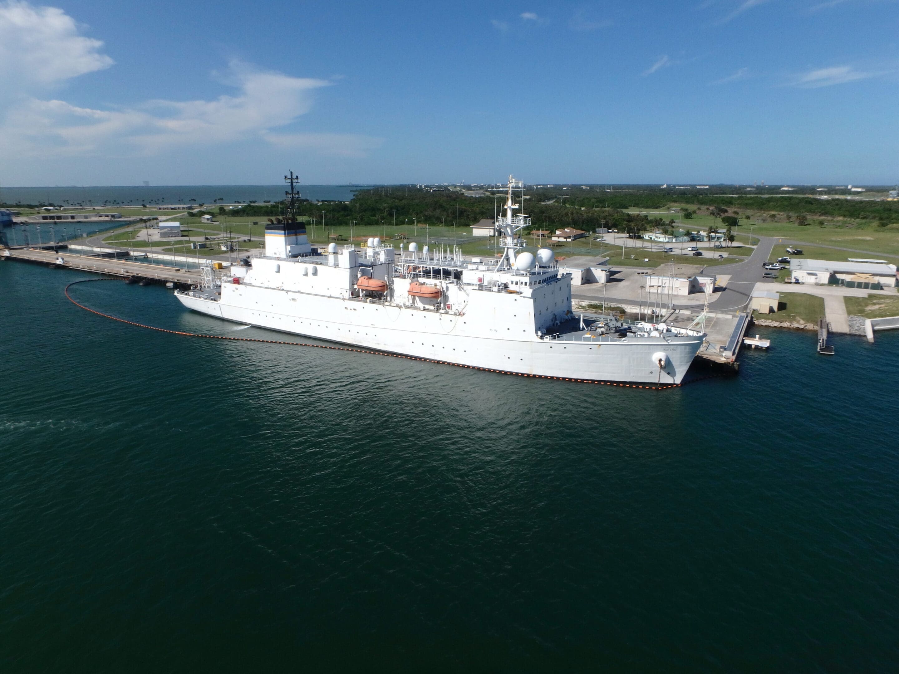 View from water of a military ship docked at Port Canaveral Florida